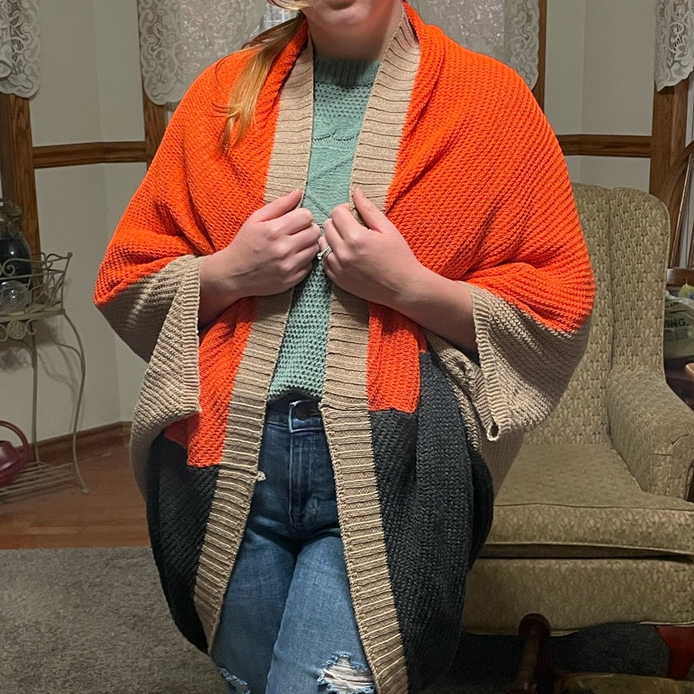 women’s Shaw sweater one size orange navy‎ cream wrap layering warmth coverup